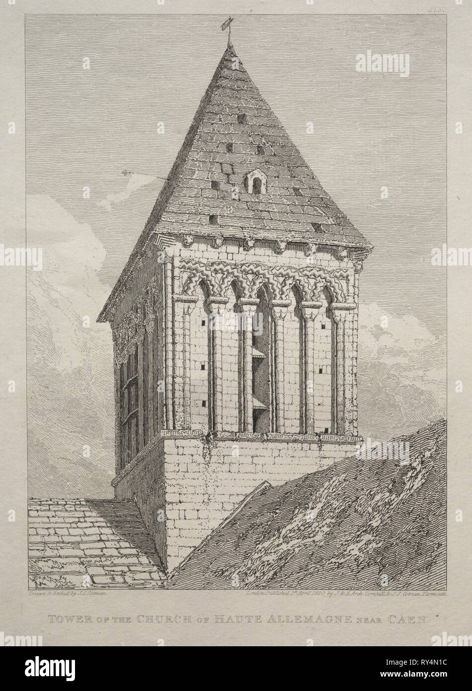 Turm der Kirche von Haute Allemagne in der Nähe von Caen. John Sell Cotman (British, 1782-1842). Ätzen Stockfoto