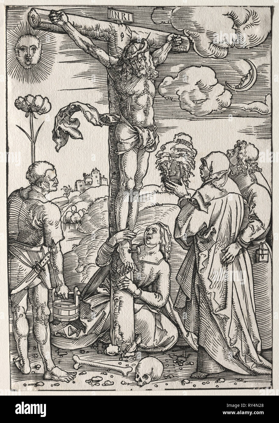 Christus am Kreuz mit Maria, St. Johannes, Maria Magdalena und St. Stephanus, 1505. Hans Baldung (1484/85-1545). Holzschnitt Stockfoto