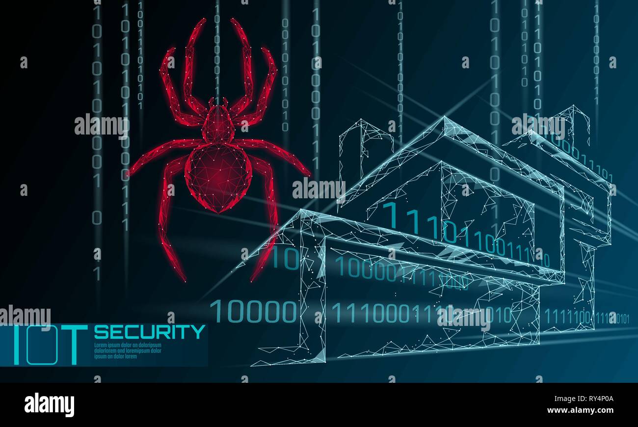 Smart house IOT cybersecurity spider Konzept. Persönliche Daten Sicherheit Internet der Dinge Cyber Attack. Hacker Angriff Gefahr firewall Innovation System Stock Vektor