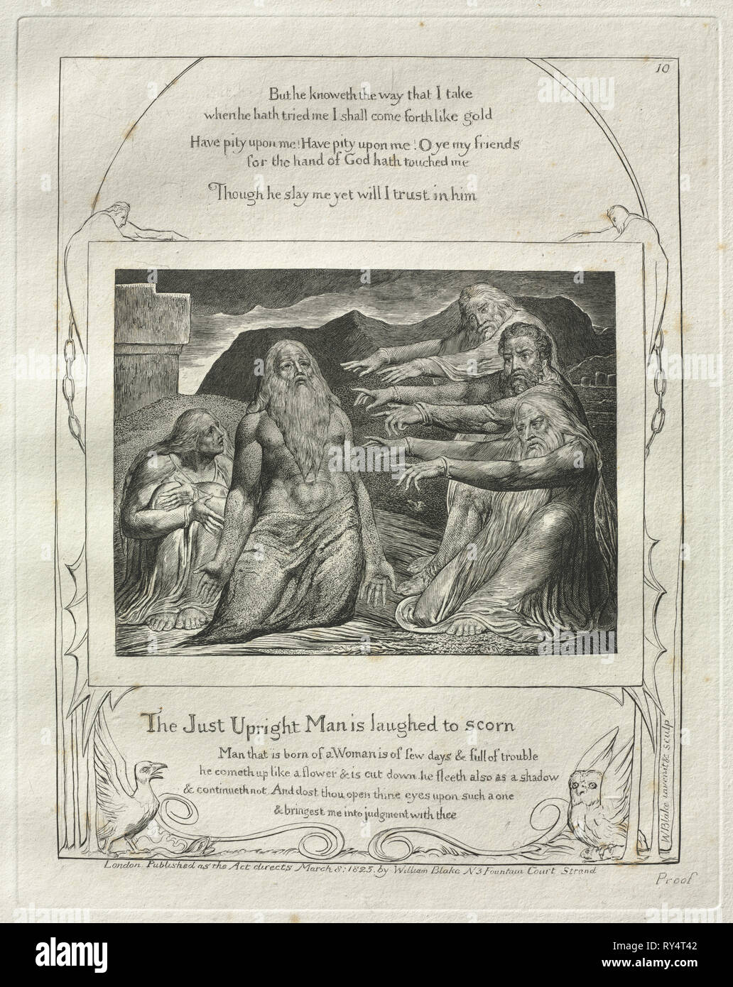 Das Buch Hiob: Pl. 10, die nur aufrechte Mann lachte zu verachten, 1825. William Blake (British, 1757-1827). Gravur Stockfoto