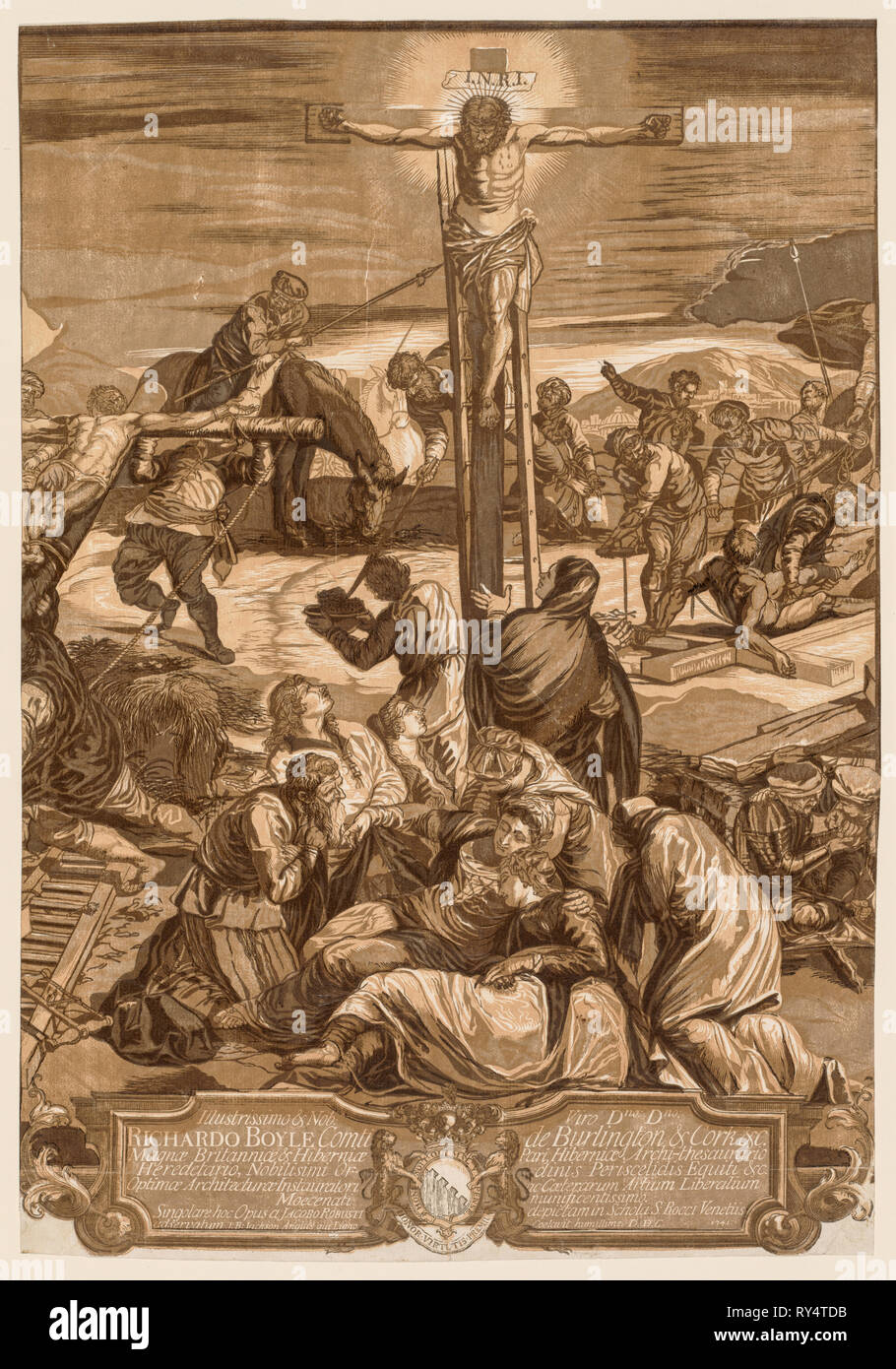 Kreuzigung, 1741. John Baptist Jackson (British, 1701 - C. 1780). Chiaroscuro Holzschnitt Stockfoto