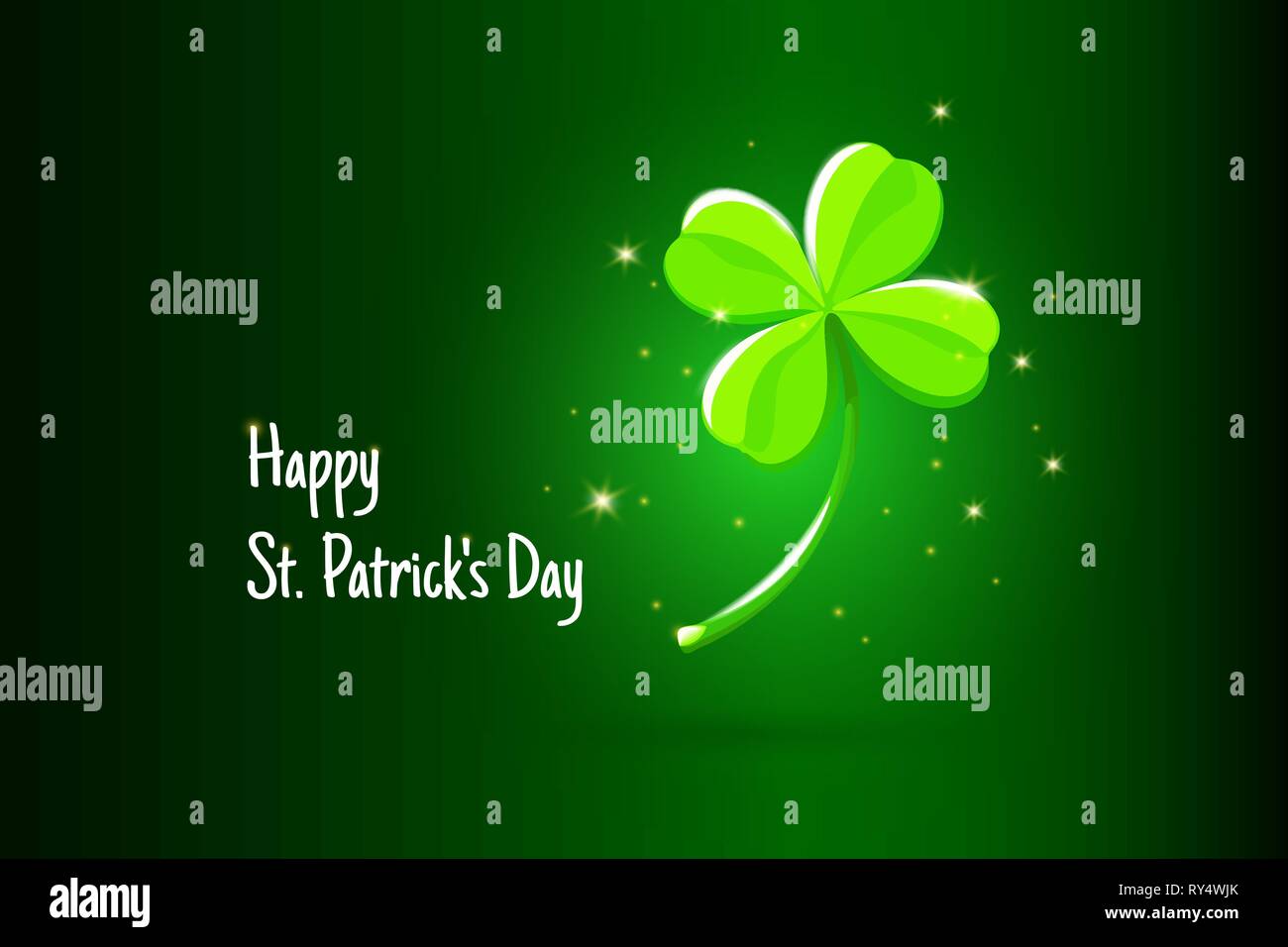 Happy St. Patricks Tag Text Gruß mit Grün in helles Licht Glück vier Blätter Klee auf dunklem Grün Verlaufshintergrund Vector Illustration Stock Vektor