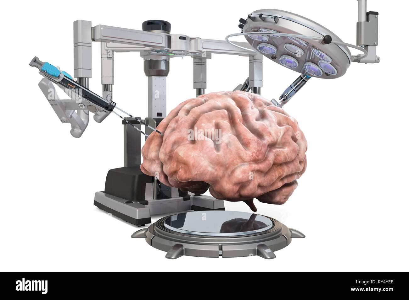 Roboterchirurgie des Gehirns Konzept, 3D-Rendering auf weißem Hintergrund Stockfoto