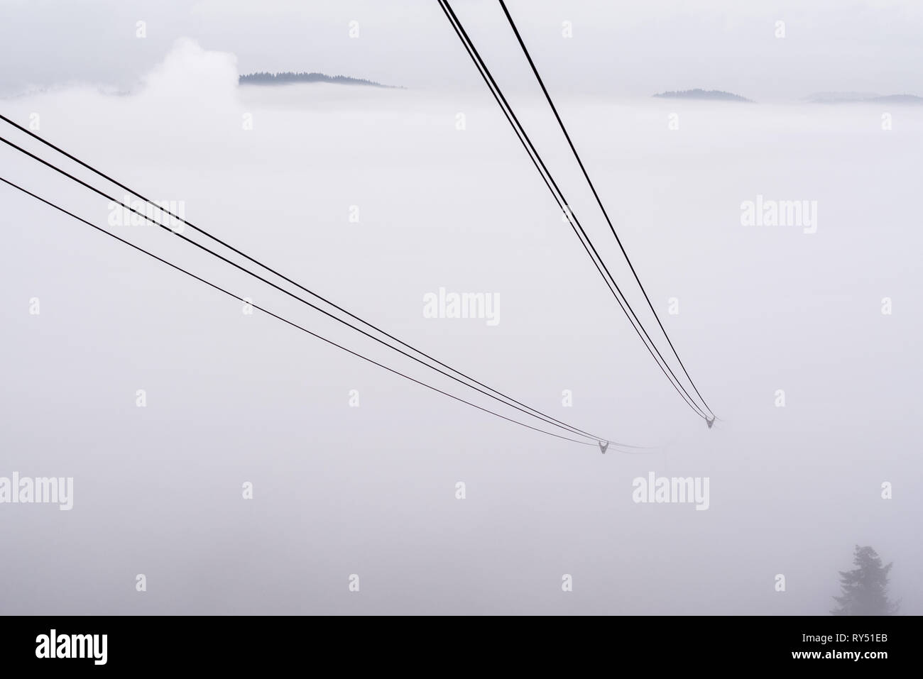 Portland aerial tram Kabel in den Nebel, Portland, Oregon zu verschwinden. Stockfoto