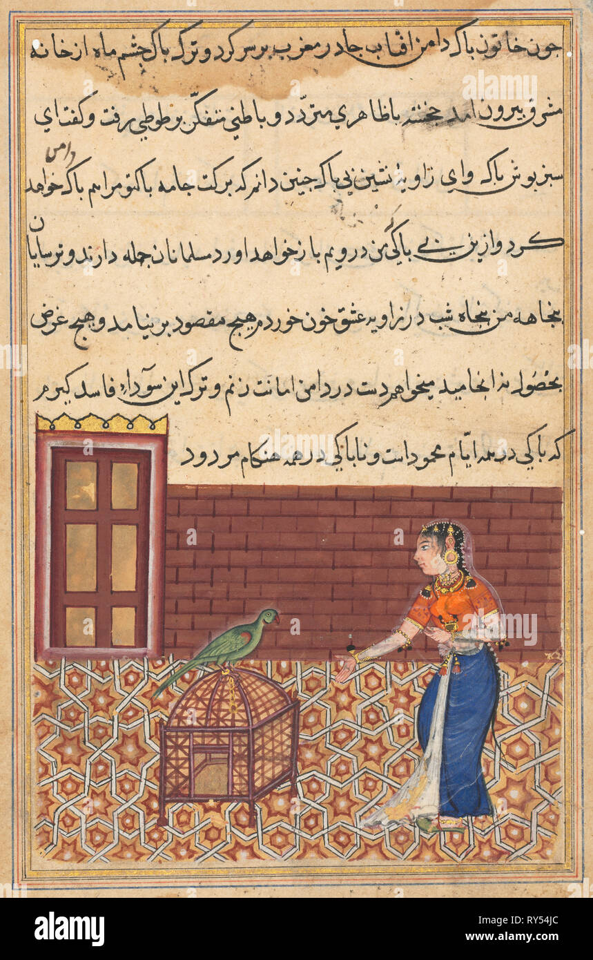 Seite von Geschichten über einen Papagei (Tuti-nama): 50 - erste Nacht: Der Papagei Adressen Khujasta am Anfang der 50 - erste Nacht, C. 1560. Indien, Mughal, Herrschaft von Akbar, 16. Opak Aquarell, Tusche und Gold auf Papier Stockfoto