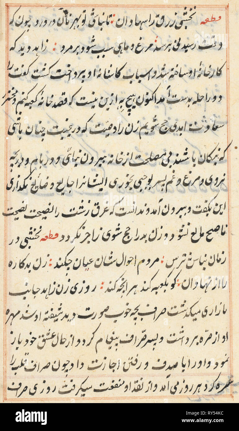 Seite von Geschichten über einen Papagei (Tuti-nama): text Seite, C. 1560. Indien, Mughal, Herrschaft von Akbar, 16. Tinte an Papier Stockfoto
