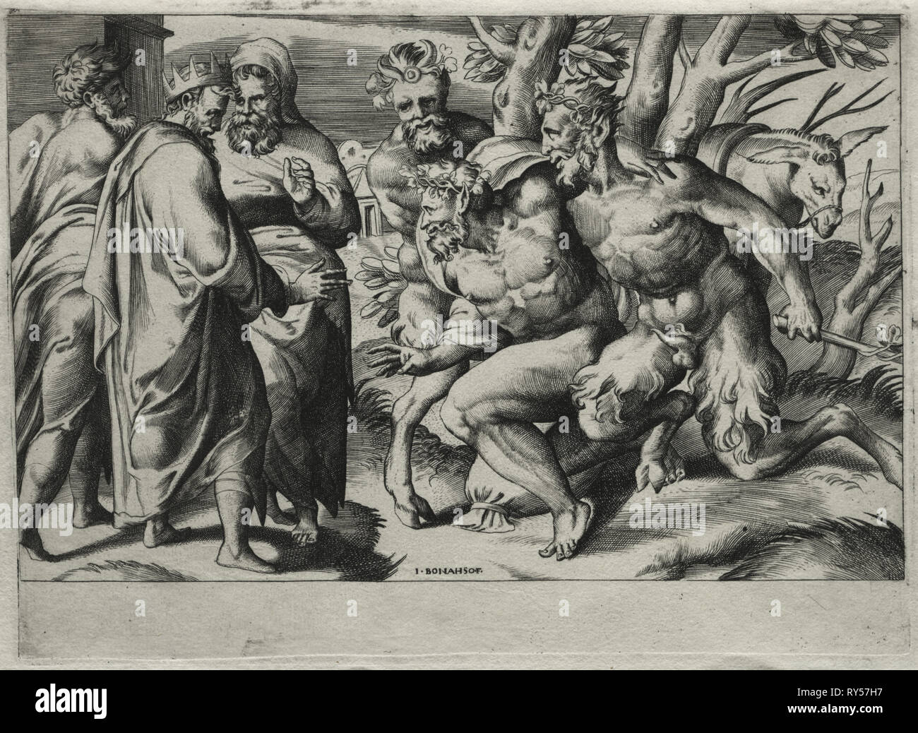 Silen und König Midas, Mitte des 16. Jahrhunderts. Giulio Bonasone (Italienisch, C. 1510 - nach 1576), nach Perino Del Vaga (Italienisch, 1500/01-1547). Gravur; Blatt: 16,9 x 22,9 cm (6 5/8 x 9 in.); Plattenrand: 15,9 x 21,9 cm (6 1/4 x 8 5/8 Zoll Stockfoto