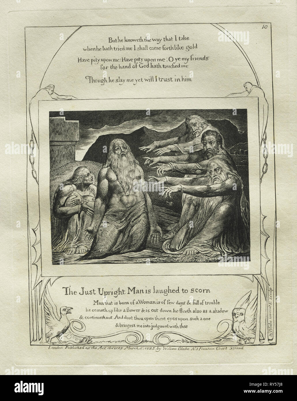 Das Buch Hiob: Pl. 10, die nur aufrechte Mensch ist zu verachten, 1825 lachte. William Blake (British, 1757-1827). Gravur Stockfoto