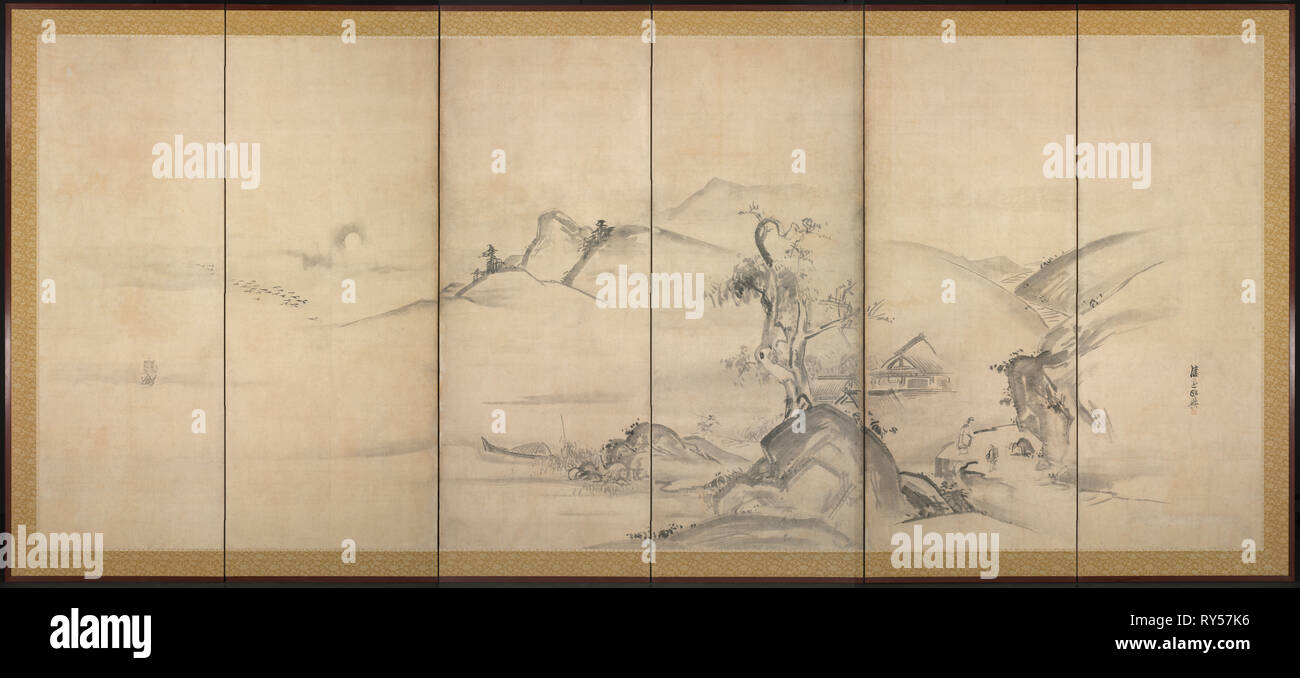 Acht Ansichten des Xiao und Xiang Flüsse, 1700. Watanabe Shikō (Japanisch, 1683-1755). 6-panel Folding Screen, Tinte auf Papier; Bild: 150 x 356 cm (59 1/16 x 140 3/16 in.); Insgesamt: 170 x 376 cm (66 15/16 x 148 1/16 Stockfoto