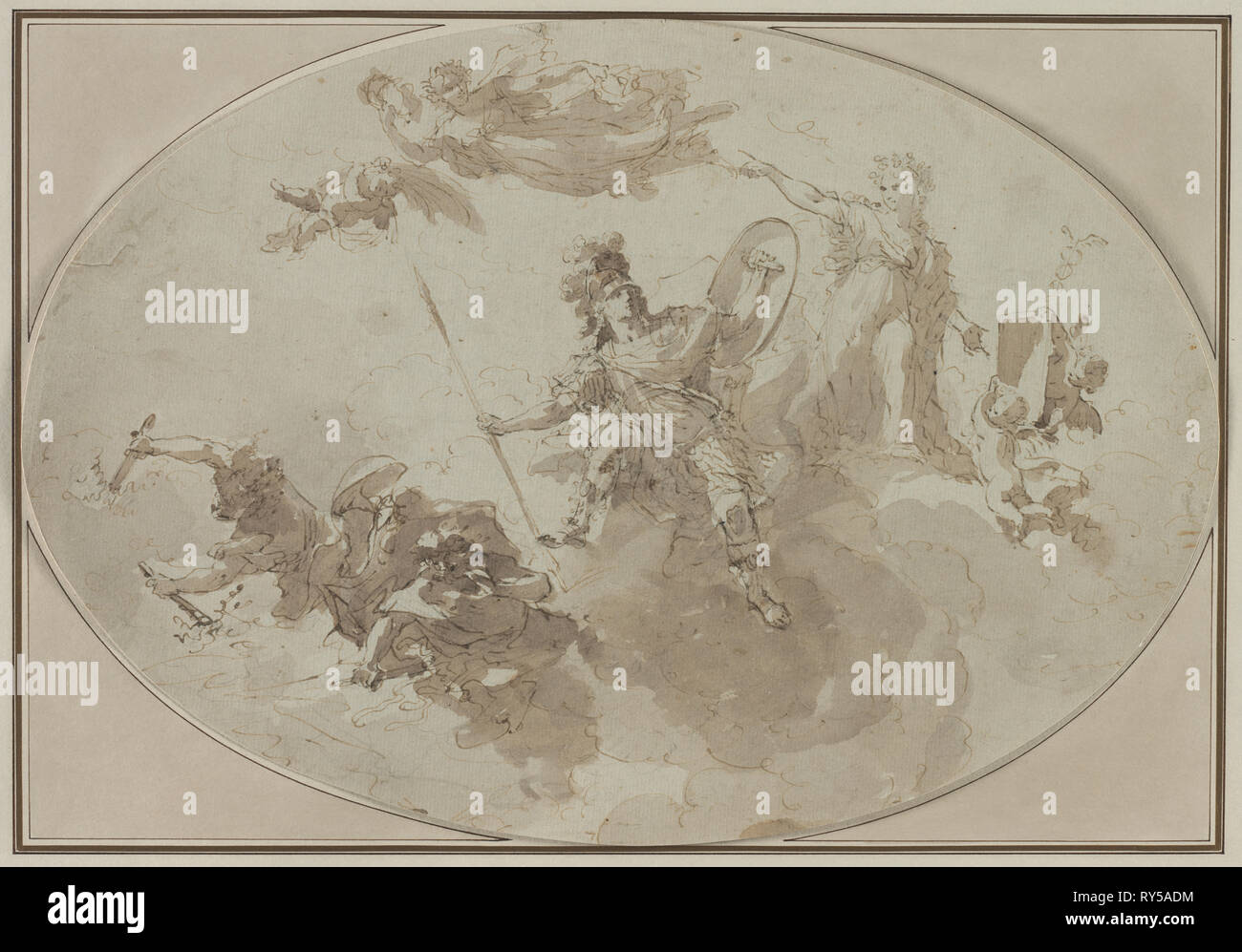 Decke Studie: Allegorie des Friedens und des Krieges, C. 1800?. Giuseppe Bernardino Bison (Italienisch, 1762-1844). Pen und braune Tusche und Pinsel und Braun waschen über Schwarze Kreide; Blatt: 29,7 x 43 cm (11 11/16 x 16 15/16 in.); sekundäre Support: 29,7 x 43 cm (11 11/16 x 16 15/16 in.); Tertiärsektor: 37,8 x 50,9 cm (14 7/8 x 20 1/16 Stockfoto