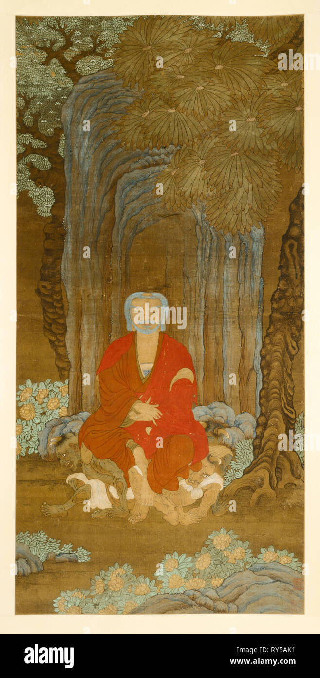 Shakyamuni unter dem Bodhibaum, 1600-50. China, Ming-Dynastie (1368-1644). Hängerolle, Tusche und Farbe auf Seide; insgesamt mit Rolle endet: 260 x 83 cm (99 3/8 x 32 11/16 in Stockfoto