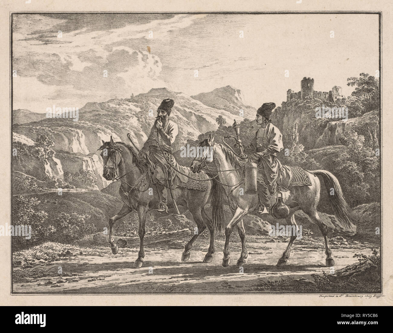 Zwei Kosaken auf dem Pferd. Alexander Orlowski (Russisch, 1777-1832). Lithographie Stockfoto