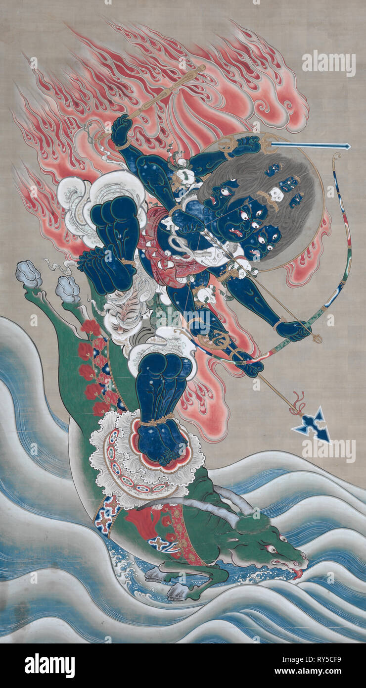 Weisheit des Königs in großer Ehrfurcht gebietende Leistung (Daiitoku myōō), Mitte des 19. Japan, Edo periode (1615-1868). Hängerolle, Tusche, Farbe und Gold auf Seide Stockfoto