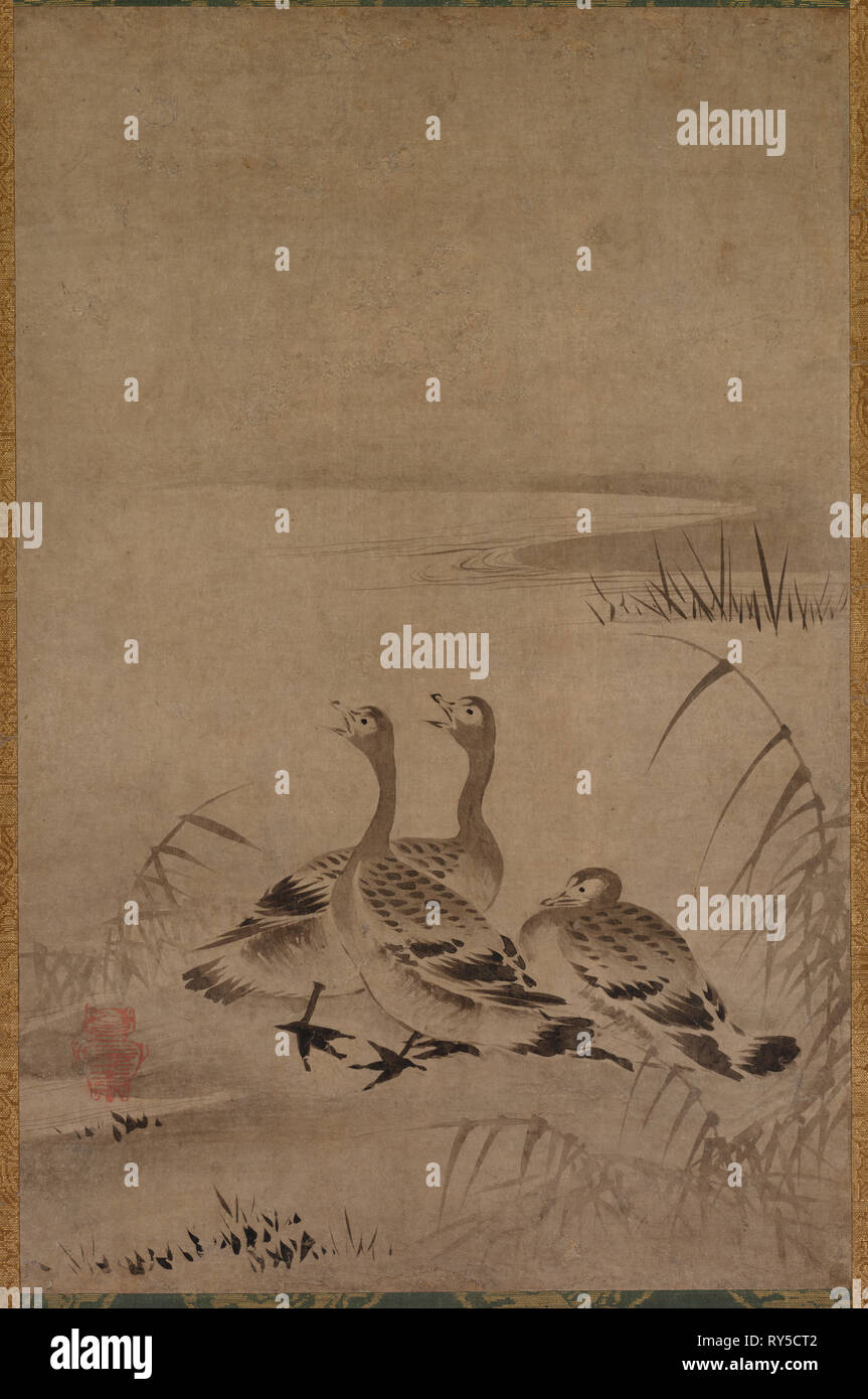 Wilde Gänse, Anfang 1500. Kano Chokichi (Japanisch). Hängerolle, Tusche auf Papier; gesamt: 50,8 x 33 cm (20 x 13 Stockfoto