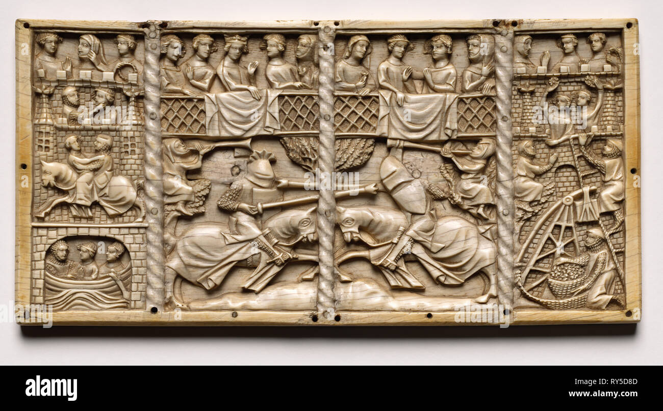 Drei Panels aus einer Schatulle mit Szenen aus dem höfischen Romanzen, C. 1330-1350 oder später. Frankreich, Lothringen?, Gotik, aus dem 14. Jahrhundert. Elfenbein; insgesamt: 13 x 26,2 x 1 cm (5 1/8 x 10 5/16 x 3/8 in Stockfoto