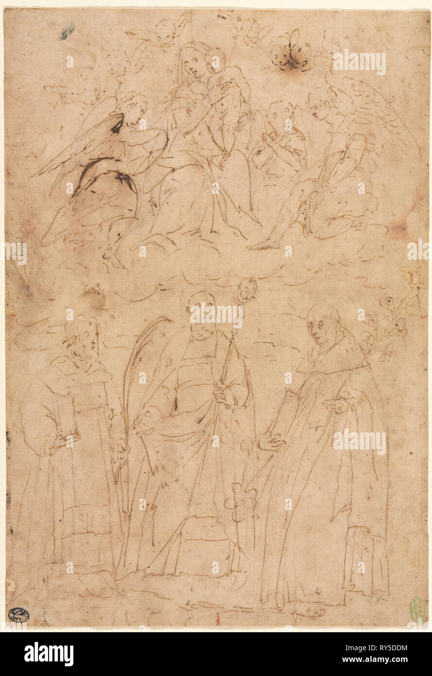 Madonna und Kind in Herrlichkeit über drei Heiligen, C. 1570. Giovanni Battista Paggi (Italienisch, 1554-1627). Stift und Bister (eisengallustinte) über Schwarze Kreide (?); Blatt: 30,4 x 21 cm (11 15/16 x 8 1/4 in.); sekundäre Support: 30,4 x 21 cm (11 15/16 x 8 1/4 Zoll Stockfoto