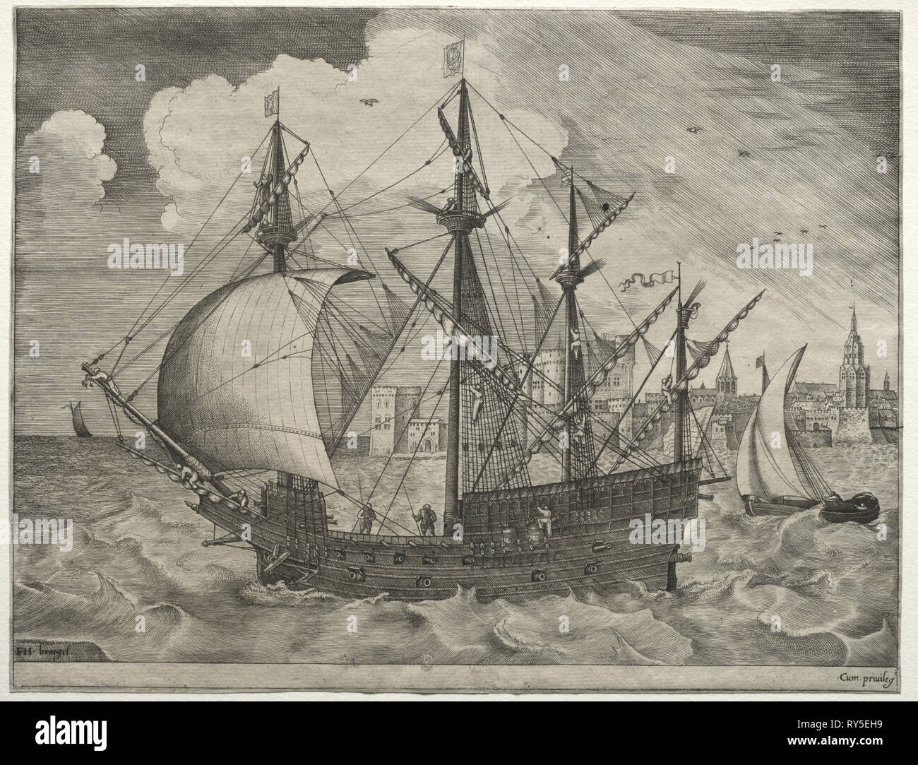 Segelschiffe: Bewaffnete Four-Master heraus zum Meer, 1561-65. Nach Pieter Bruegel (Flämisch, 1527/8-1569), Frans Huys (Flämisch, 1522-1562). Gravur Stockfoto