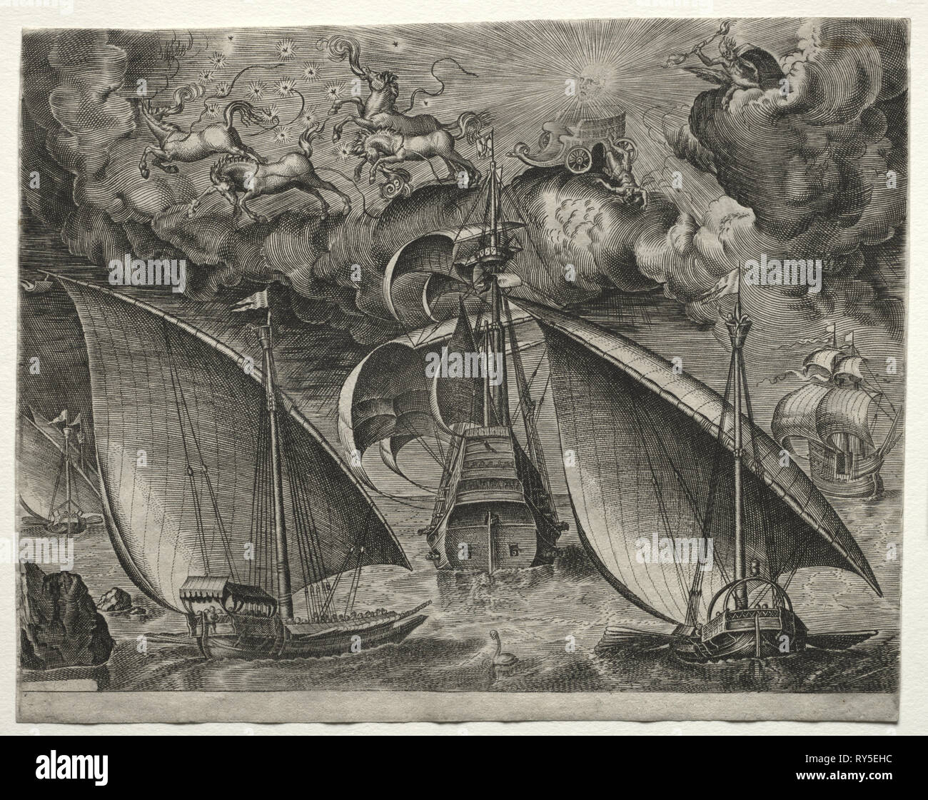 Segeln: Segeln Schiffe: Zwei Galeeren Segeln hinter einem bewaffneten Three-Master mit Phaeton und Jupiter am Himmel, 1561-65. Nach Pieter Bruegel (Flämisch, 1527/8-1569). Gravur Stockfoto