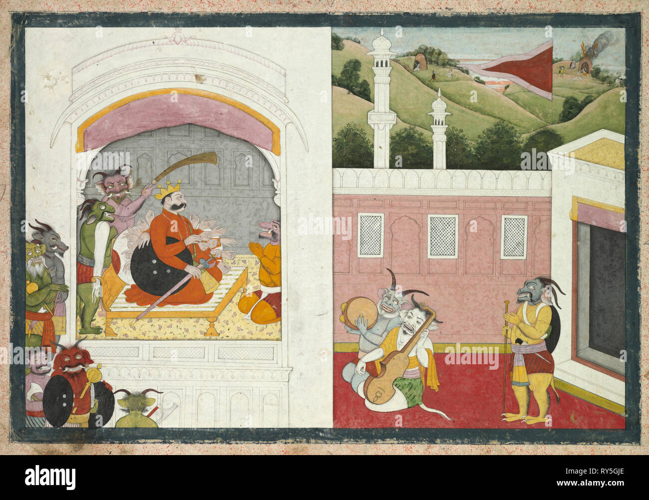 König Bana genießen Musik in seinem Hof, aus dem Usha-Aniruddha Abschnitt einer Krishna Lila, C. 1760-1770. Indien, Pahari Hügel, Güler Schule, 18. Tinte und Farbe auf Papier; gesamt: 21,9 x 32,1 cm (8 5/8 x 12 5/8 in Stockfoto