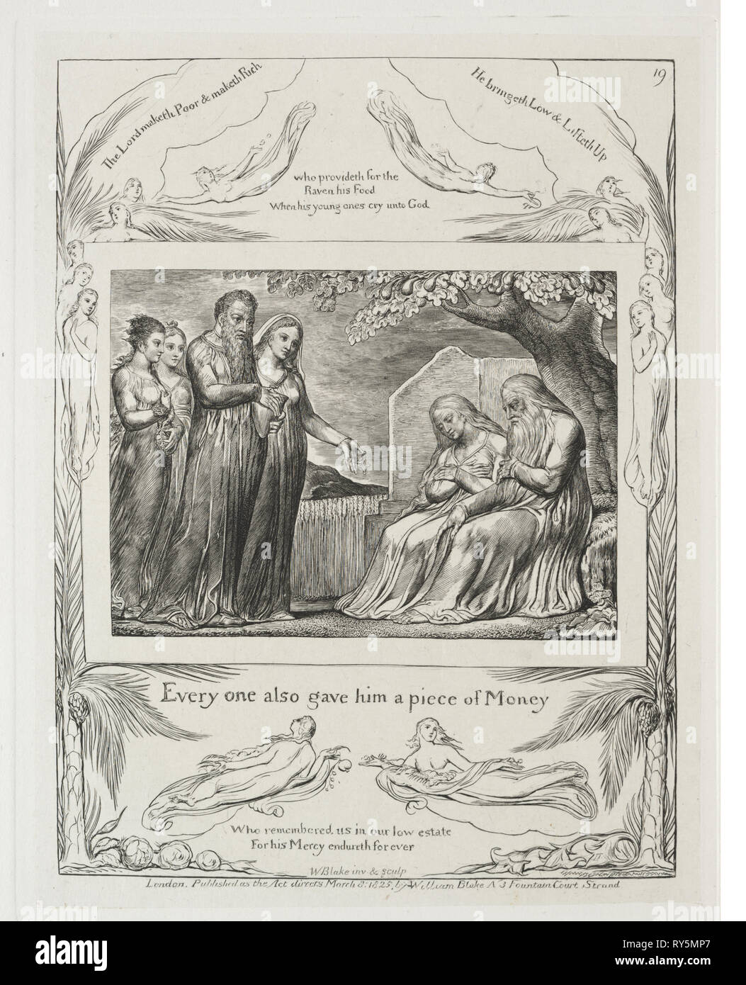 Das Buch Hiob: Pl. 19, Jeder gab ihm auch ein Stück Geld, 1825. William Blake (British, 1757-1827). Gravur Stockfoto