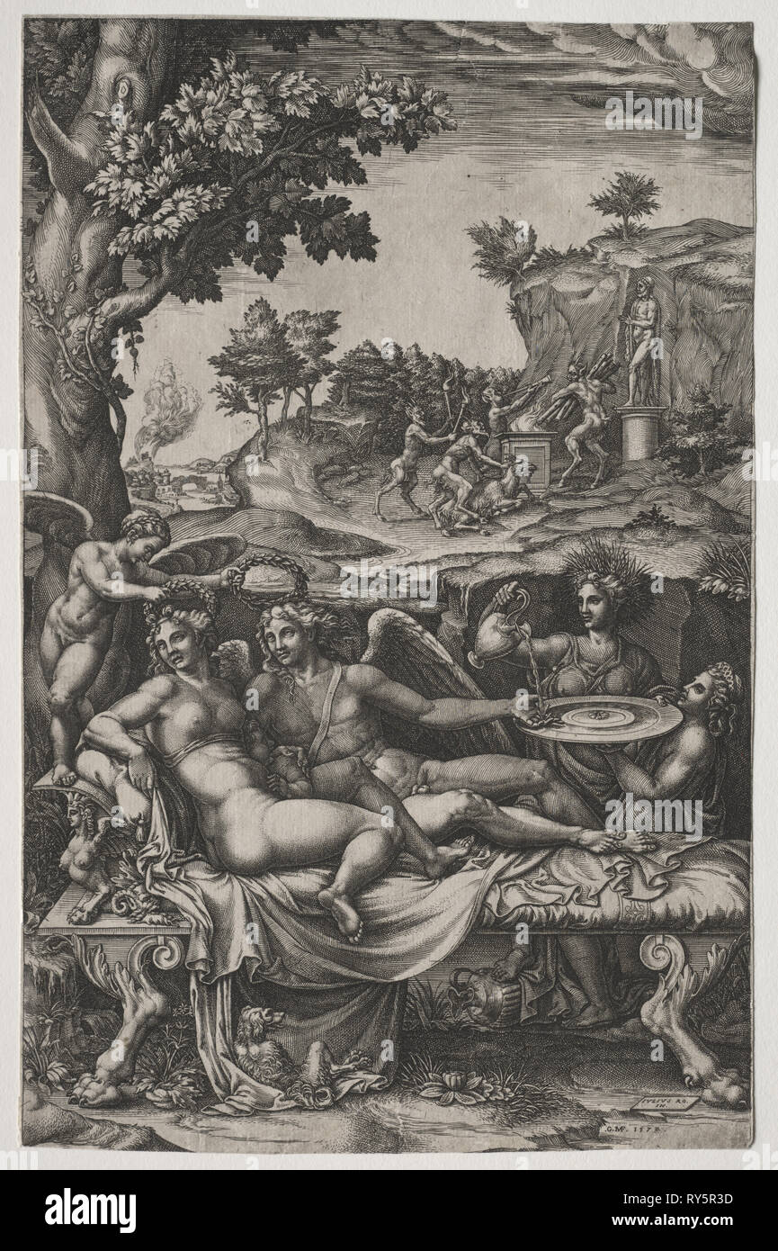 Amor und Psyche, 1574. Giorgio Ghisi (Italienisch, 1520-1582), nach Giulio Romano (Italienisch, 1492/99-1546). Gravur; Blatt: 36 x 23,4 cm (14 3/16 x 9 3/16 in. Stockfoto