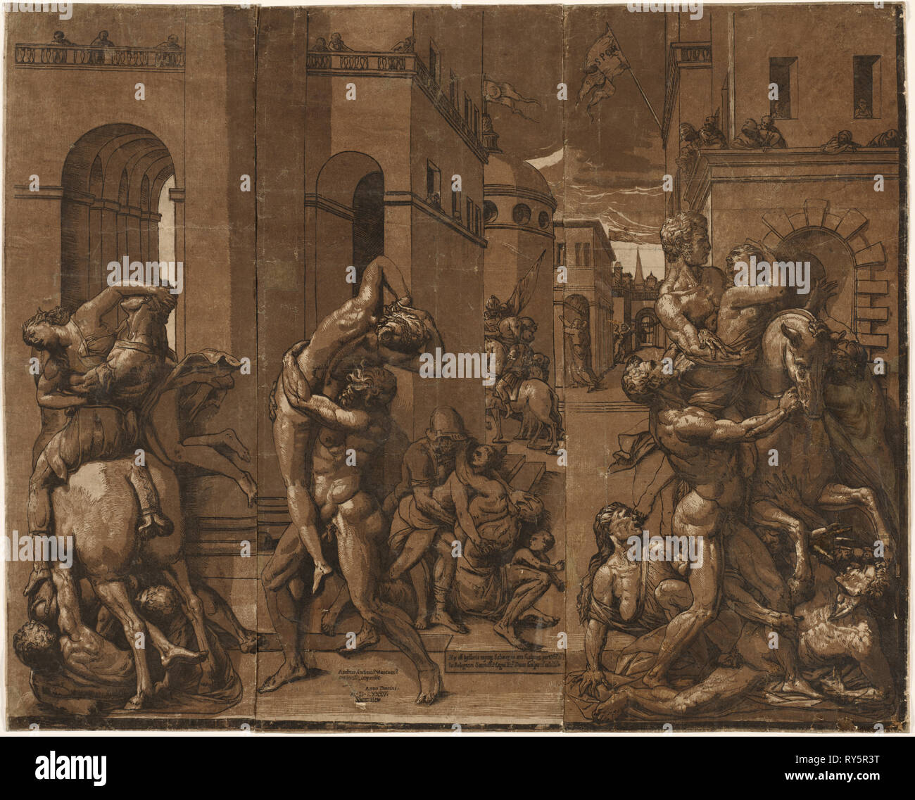 Der Raub der Sabinerinnen, 1585. Andrea Andreani (Italienisch, ca. 1558 - 1610), der nach Giambologna (Flämisch, 1529-1608). Chiaroscuro Holzschnitt (in drei Schattierungen von braun und schwarz Stockfoto