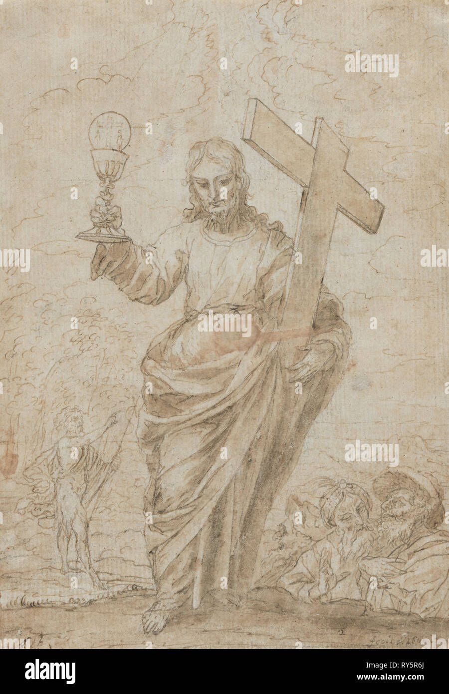 Christus hält einen Kelch und Kreuz, 1666. Alonso Cano (Spanisch, 1601-1667). Feder und Tinte Braun und Braun waschen Stockfoto
