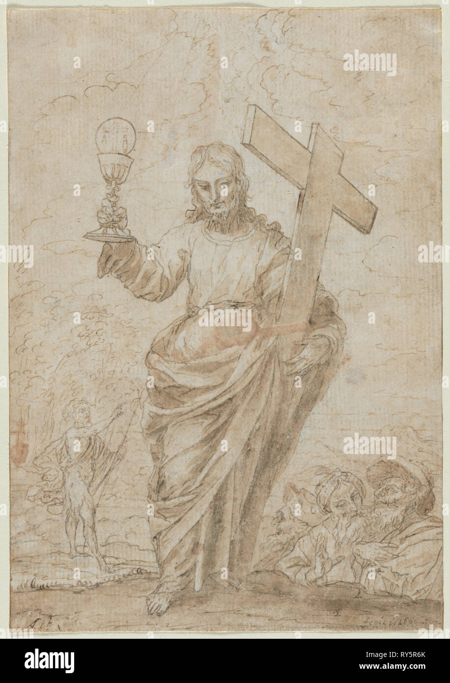 Christus hält einen Kelch und Kreuz, 1666. Alonso Cano (Spanisch, 1601-1667). Feder und Tinte Braun und Braun waschen Stockfoto