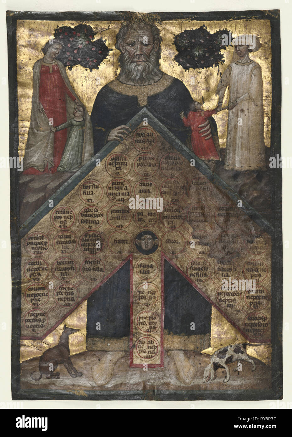 Blatt von einem Volumen von Johannes Andrea's 'Lectura super arboris consanguinitatis et affinitatis: Tabelle der Blutsverwandtschaft, C. 1331. Meister der Register von 1328 (Italienisch). Tempera und Gold auf Pergament; Blatt: 24,5 x 17,1 cm (9 5/8 x 6 3/4 in Stockfoto