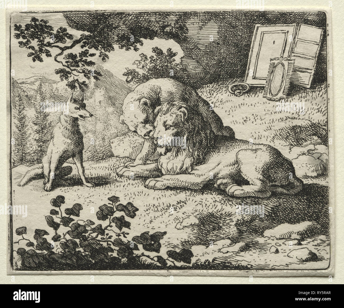 Der Fuchs: Reineke Versprechungen, Geschenke an die Lion Reynard. Allart van Everdingen (Niederländisch, 1621-1675). Ätzen Stockfoto