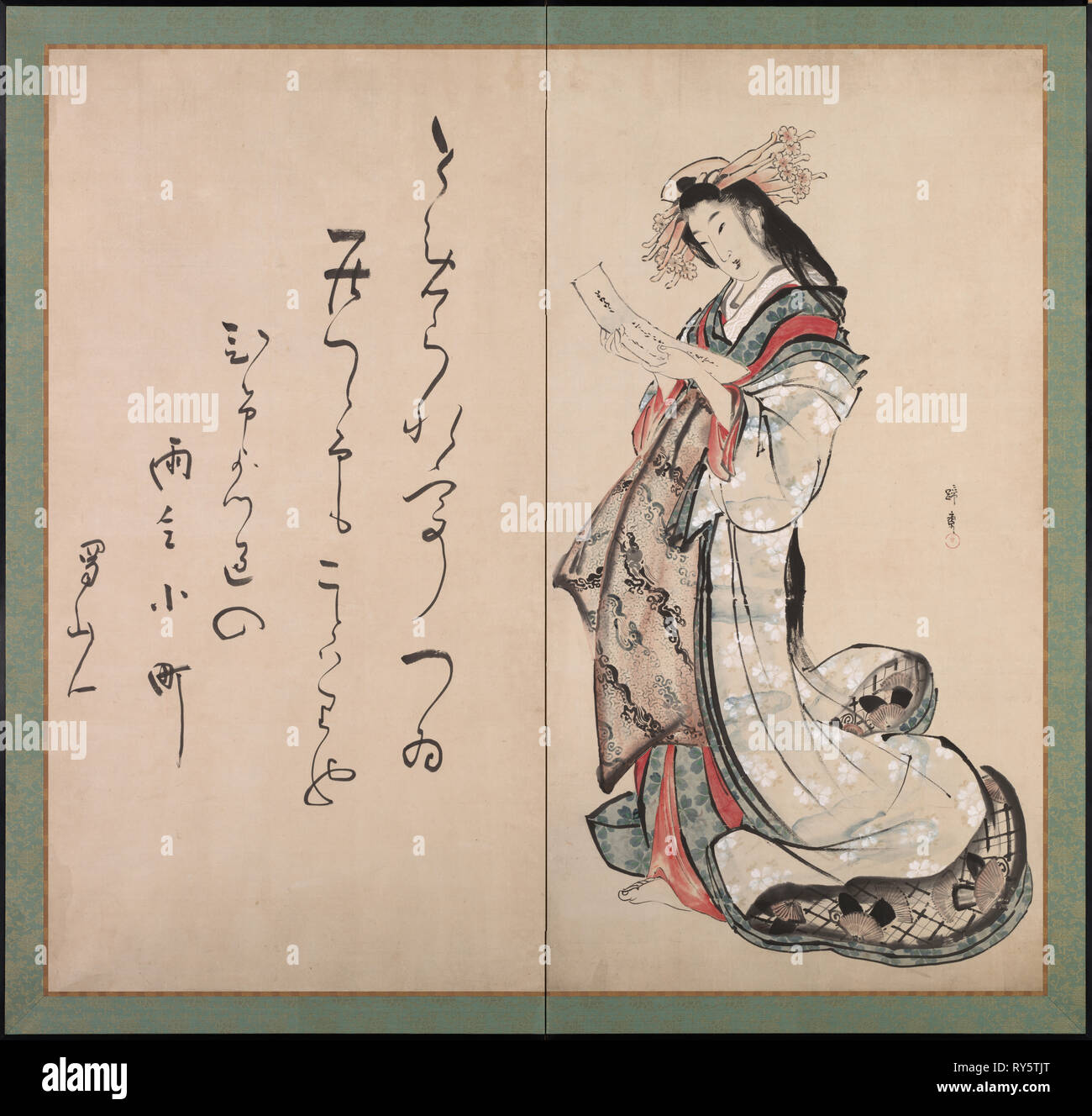 Kurtisane Lesen Sie einen Brief, Anfang 1800. Teisai Hokuba (Japanisch, 1771-1844), Kalligraphie von Ota Nanpo (Japanisch, 1749-1823). 2-panel Folding Screen; Tinte und Farbe auf Papier; Bild: 156,8 x 165,4 cm (61 3/4 x 65 1/8 in.); insgesamt: 175,2 x 183,5 cm (69 x 72 1/4 in Stockfoto