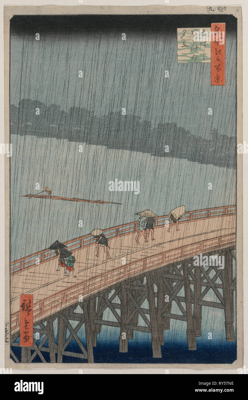 Plötzliche Dusche über Shin-Ōhashi Brücke und Atake, aus der Serie 100 berühmten Ansichten von Edo, 1857. Utagawa Hiroshige (Japanisch, 1797-1858). Farbe holzschnitt, Tusche und Farbe auf Papier; gesamt: 34,2 x 11,1 cm (13 5/6 x 4 3/8 Zoll Stockfoto