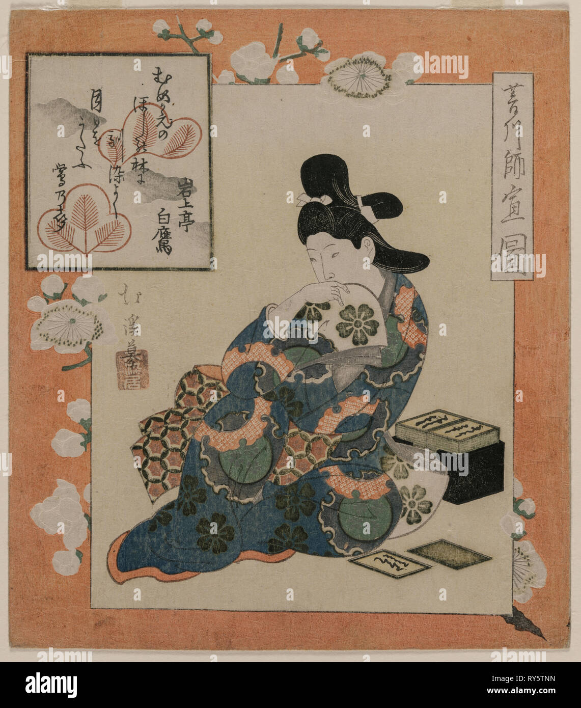 Ein Bild von Hishikawa Moronobu: Frau mit einem Satz von Gedicht Karten, Mitte der 1820er Jahre. Totoya Hokkei (Japanisch, 1780-1850). Farbe holzschnitt (surimono) mit Gold, Silber, und Prägung; Blatt: 21 x 18,4 cm (8 1/4 x 7 1/4 in Stockfoto