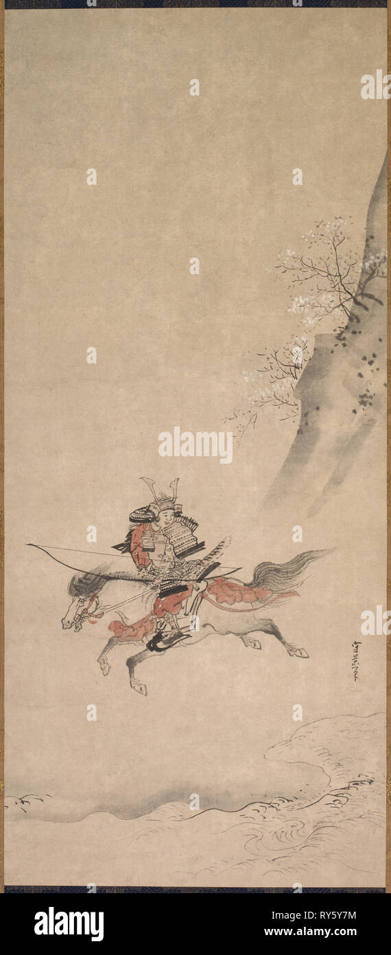Ein Samurai auf dem Pferd, aus dem 17. Jahrhundert. Morikage Kusumi (Japanisch, C. 1620 - C. 1690). Hängerolle, Tusche und leichte Farbe auf Papier; Insgesamt: 110 x 48 cm (43 5/16 x 18 7/8 in Stockfoto