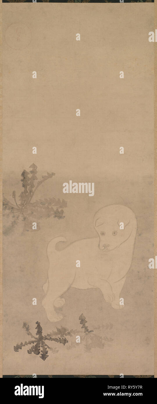 Welpe mit Löwenzahn, 1600-1640. Sōtatsu Tawaraya (Japanisch, starb C. 1640). Hängerolle, Tusche auf Papier; Gesamt: 197.2 x 61.5 cm (77 5/8 x 24 1/4 in.); nur die Malerei: 105 x 42,6 cm (41 5/16 x 16 3/4 in Stockfoto