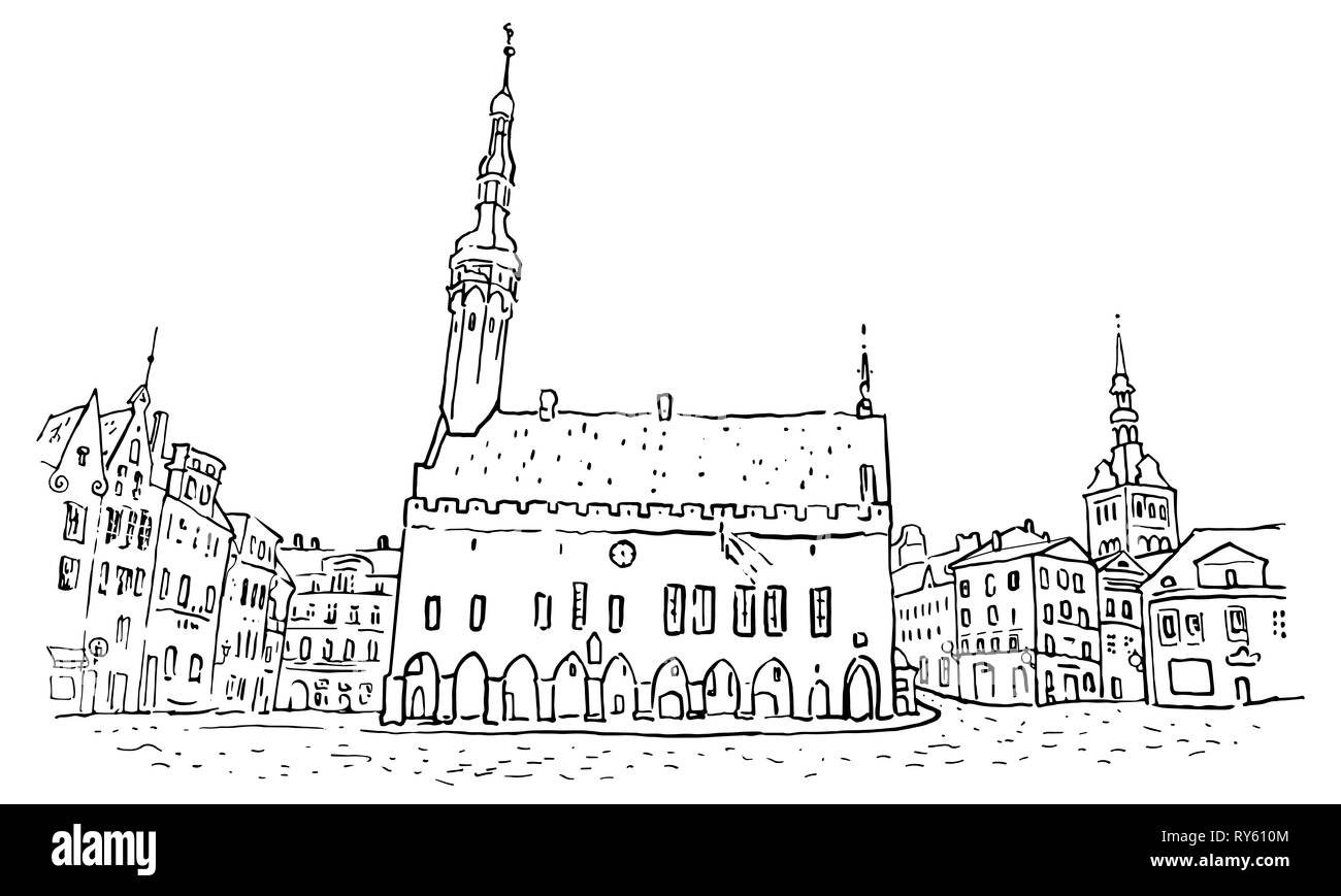 Rathausplatz in Tallinn Altstadt. Hand minimalistisch skizzenhaften Stil Umrisse Abbildung gezeichnet. Historische Architektur, St. Nikolaus oder Niguliste Stockfoto