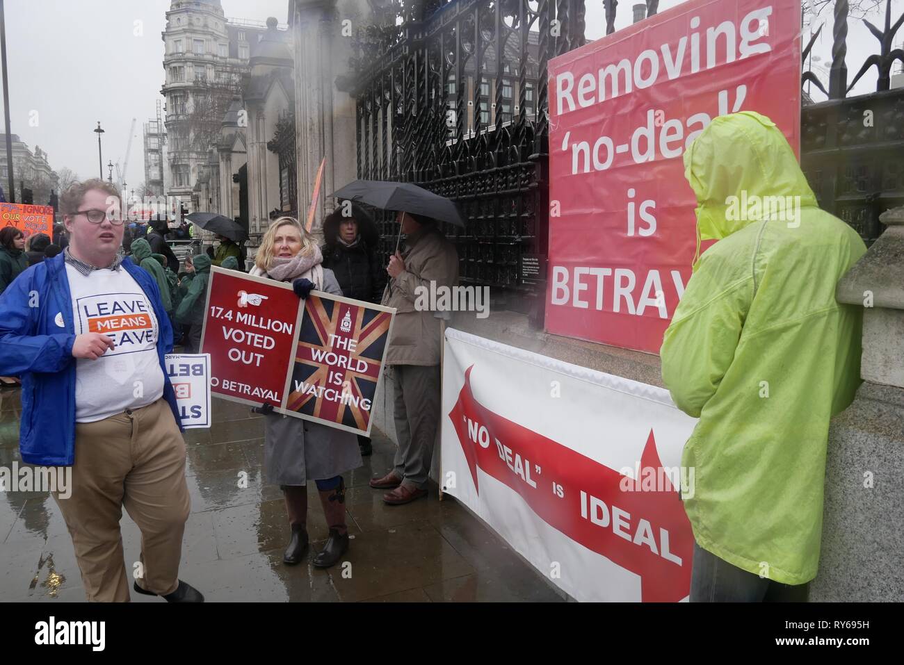 London, Großbritannien. 12 Mär, 2019. Sturm Gareth Wimpern London, aber hardy Brexit Demonstranten außerhalb des Parlaments ablehnen, durch die Stürme eingeschüchtert zu werden. Credit: Brian Minkoff/Alamy leben Nachrichten Stockfoto