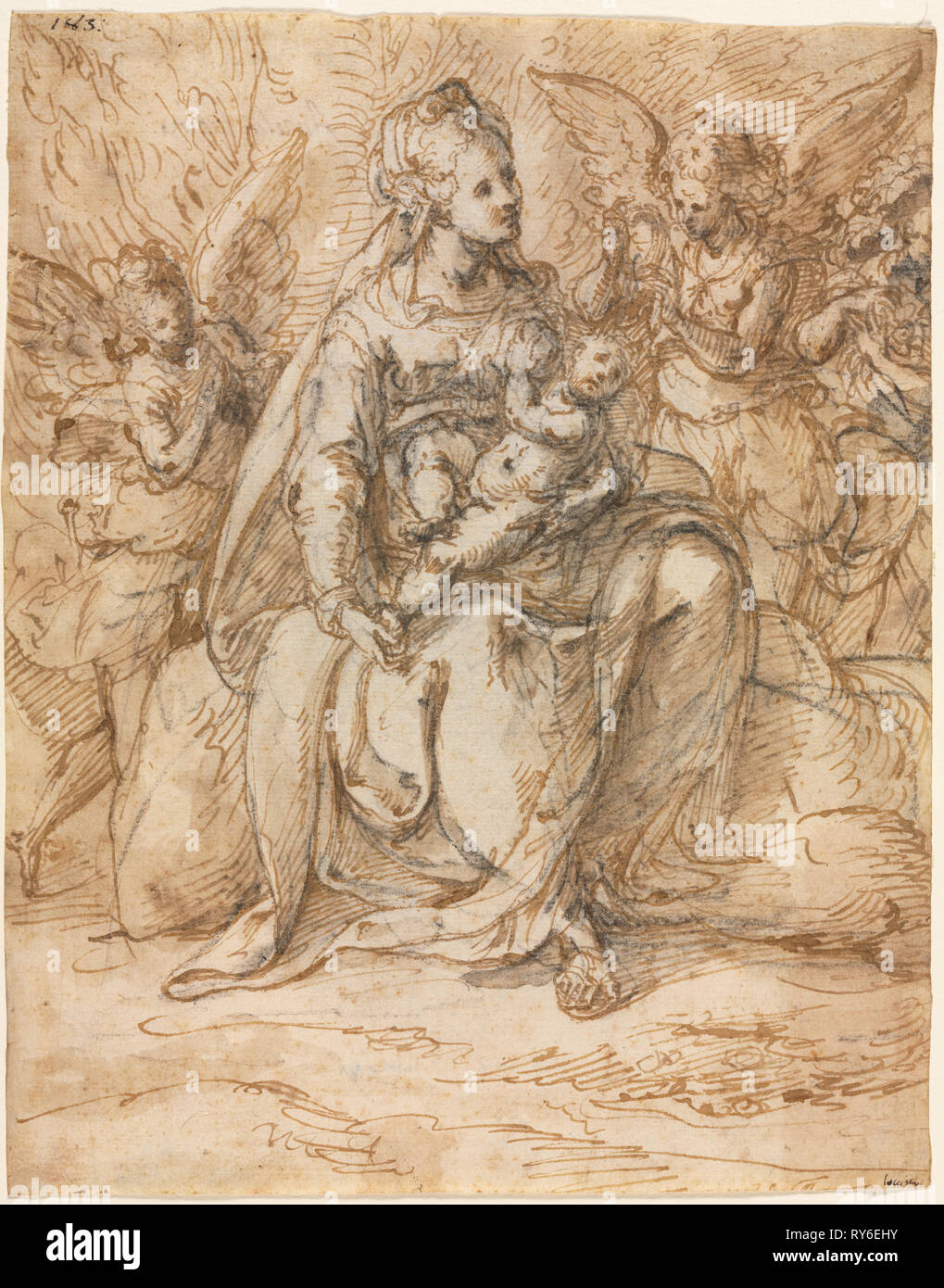 Madonna mit Kind und Engeln, Ende 1500. Aurelio Luini (Italienisch, 1530-1593). Pen und braune Tusche und Pinsel und Braun waschen über Schwarze Kreide (mit Bürste und Wasser in den Plätzen erweitert); gestochen; Blatt: 23,9 x 18,7 cm (9 5/6 x 7 3/8 Zoll Stockfoto