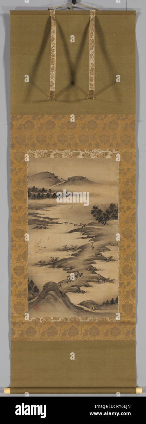 Saisonale Landschaften: Herbst, Mitte bis Ende 1500. Kano Hideyori (Japanisch, aktive Mitte bis Ende 1500). Hängerolle, Tusche auf Papier; Bild: 165,7 x 59,7 cm (65 1/4 x 23 1/2 in.); montiert: 153,5 x 50,3 cm (60 5/6 x 19 13/16 in.); mit Drehknöpfen: 153,5 x 55,1 cm (60 5/6 x 21 11/16 in Stockfoto