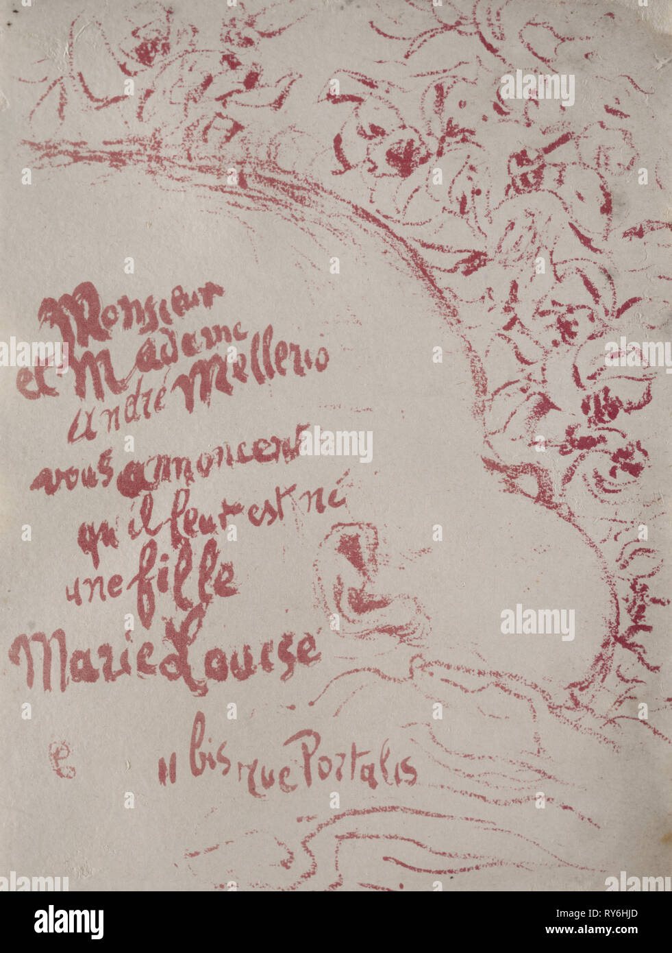 Ankündigung einer Geburt, 1898. Pierre Bonnard (Französisch, 1867-1947). Lithographie; Blatt: 15,8 x 12 cm (6 1/4 x 4 3/4 in.); Bild: 15,8 x 12 cm (6 1/4 x 4 3/4 in Stockfoto