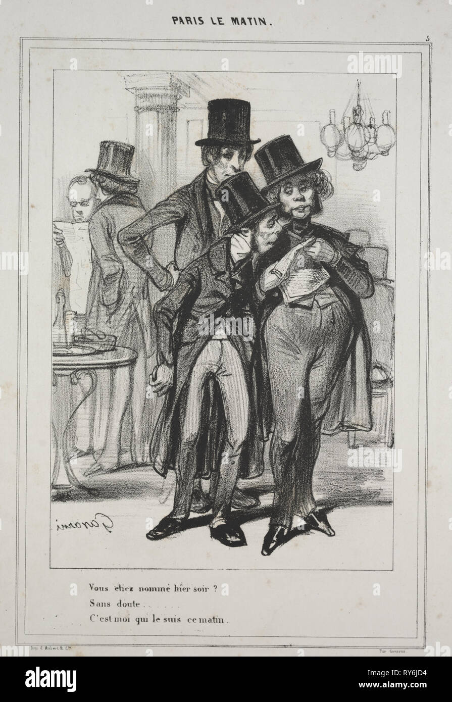 "Vous étiez nommé hier Soir?...", aus der Serie Paris Le Matin, 1839. Paul Gavarni (Französisch, 1804-1866). Lithographie; Blatt: 35,9 x 27,6 cm (14 1/8 x 10 7/8 in.); Bild: 27,9 x 18,9 cm (11 x 7 7/16 Stockfoto