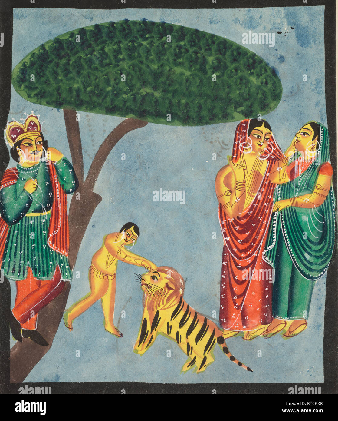(Jatayu Rama der mythische Vogel) behindert die Ravana Wagen, versuchen zu verhindern, dass Entführung von Sita, 1800. Indien, Kalkutta, Kalighat Malerei, 19. Schwarze Tinte, Farbe und Lack, Silber und Graphit auf Papier; underdrawing sekundären Support: 47,8 x 29,4 cm (18 13/16 x 11 9/16 in.); nur die Malerei: 45,5 x 28,2 cm (17 15/16 x 11 1/8 in. Stockfoto