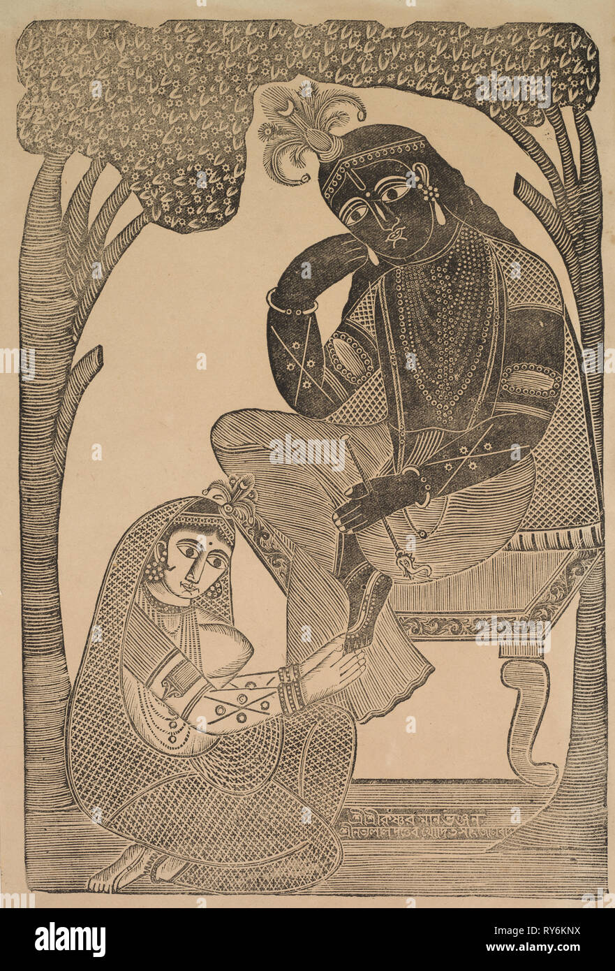 Radha Krishna die Füße Streicheln, 1800. Shri Gobinda Chandra Roy. Holzschnitt mit schwarzer Tinte auf Papier; sekundäre Support: 49,9 x 30 cm (19 5/8 x 11 13/16 in.); nur die Malerei: 40,6 x 26,5 cm (16 x 10 7/16 Stockfoto