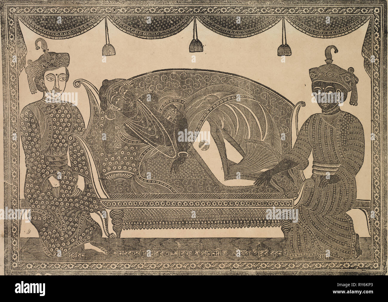 Kalighat Malerei, 1800. Shri Gobinda Chandra Roy. Holzschnitt mit schwarzer Tinte auf Papier; sekundäre Support: 30 x 49,7 cm (11 13/16 x 19 9/16 in.); nur die Malerei: 27,8 x 41,7 cm (10 15/16 x 16 7/16 Stockfoto