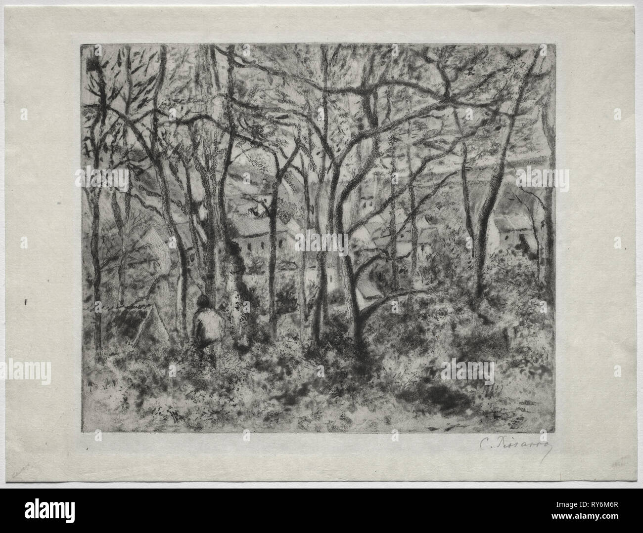 Bewaldete Landschaft im Hotel L'Hermitage, Pontoise, 1879. Camille Pissarro (Französisch, 1830-1903). Softground, Aquatinta und Kaltnadel; Plattenrand: 21,9 x 26,9 cm (8 5/8 x 10 9/16 in.); Insgesamt: 26,9 x 35,6 cm (10 9/16 x 14 in Stockfoto