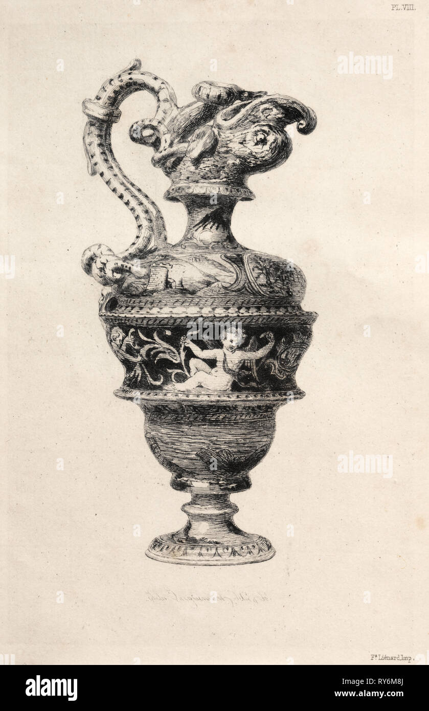 Buch von Albert Jacquemart: Geschichte der keramischen Kunst: Ein beschreibender und philosophische Untersuchung der Töpferei jeden Alters und aller Nationen: China: Grün Familie-Vase, 'Lancelle' Form, historische Themen (I), 1877. Jules Jacquemart (Französisch, 1837-1880). Ätzen; Blatt: 25,5 x 18 cm (10 1/16 x 7 1/16 in.); Plattenrand: 19,5 x 13 cm (7 11/16 x 5 1/8 in. Stockfoto