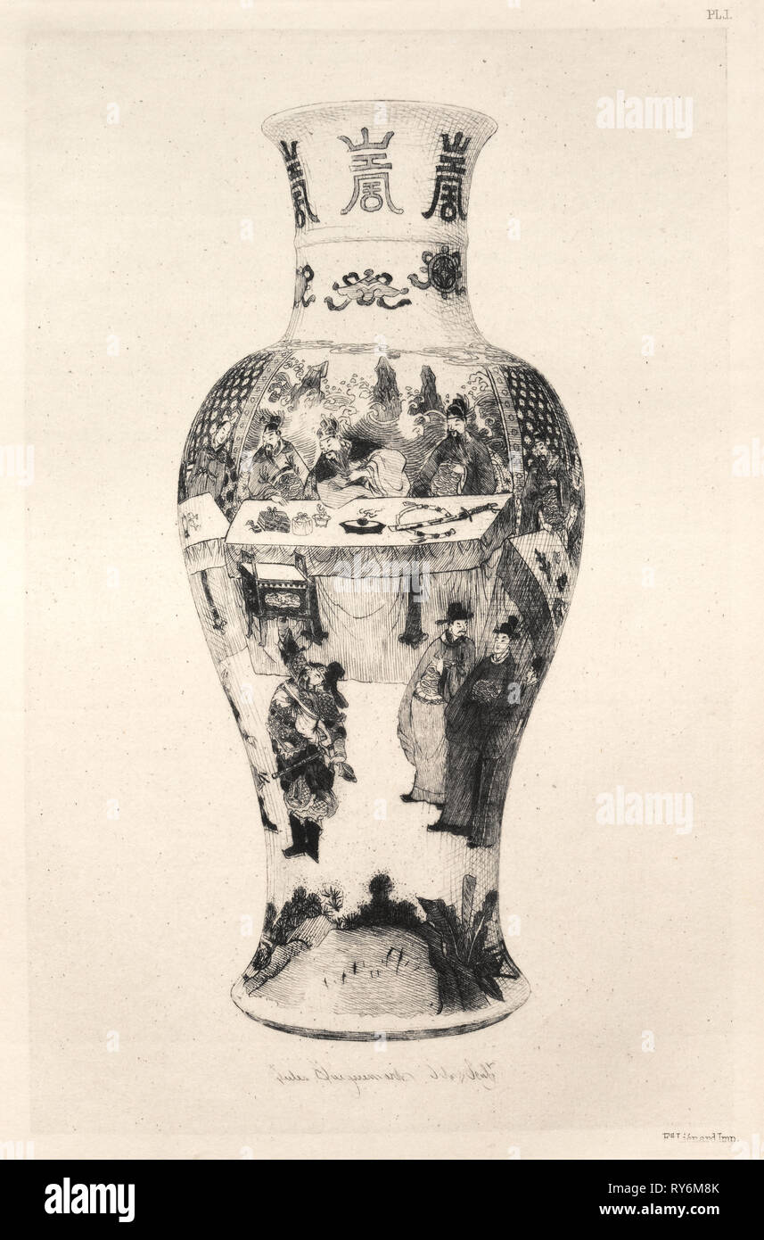 Buch von Albert Jacquemart: Geschichte der keramischen Kunst: Ein beschreibender und philosophische Untersuchung der Töpferei jeden Alters und aller Nationen: China: Porzellan, Farbige auf Keks, Teekanne, mit angehoben. Teetasse in Form einer Blume (Platte II), 1877. Jules Jacquemart (Französisch, 1837-1880). Ätzen; Blatt: 25,5 x 18 cm (10 1/16 x 7 1/16 in.); plattenrand: 19 x 13 cm (7 1/2 x 5 1/8 in. Stockfoto
