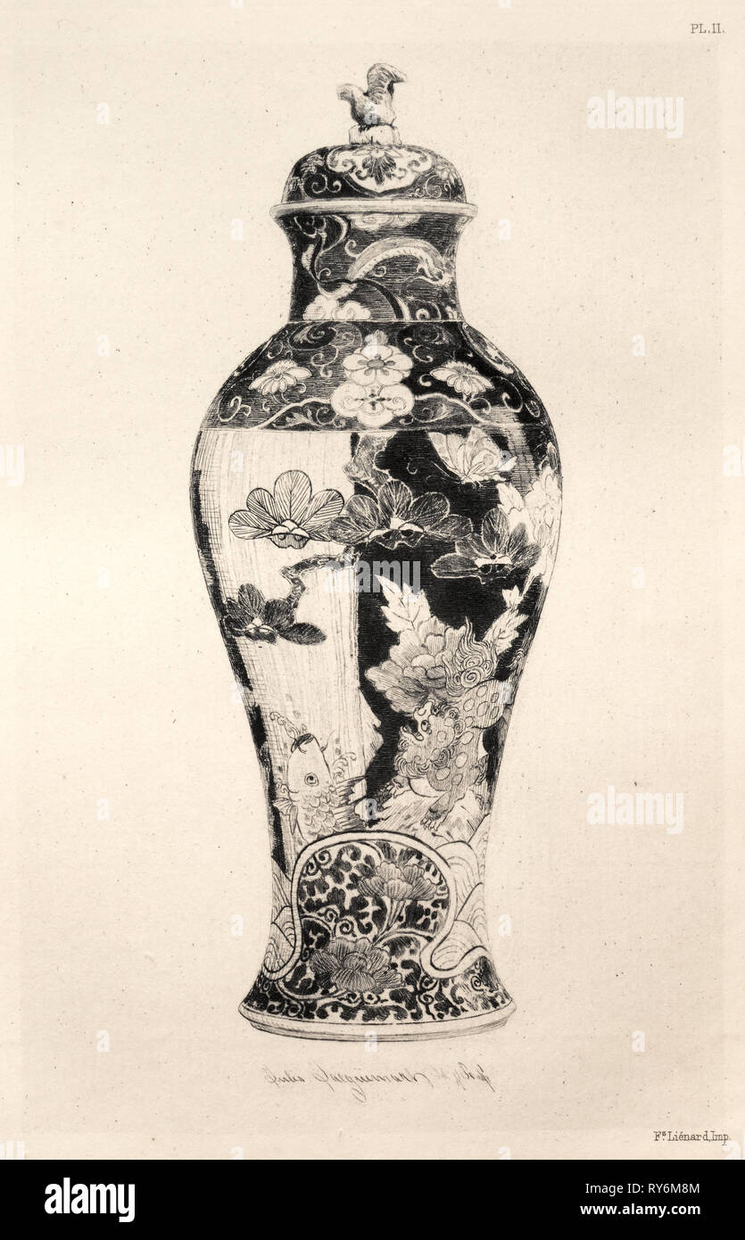 Buch von Albert Jacquemart: Geschichte der keramischen Kunst: Ein beschreibender und philosophische Untersuchung der Töpferei jeden Alters und aller Nationen: Japan: Chrysanthemo-Paeonian Familie. -Jar", Potiche", mit dem Hund der Fo und ein Karpfen springen aus dem Wasser (Tafel III), 1877. Jules Jacquemart (Französisch, 1837-1880). Ätzen; Blatt: 25,5 x 18 cm (10 1/16 x 7 1/16 in.); Plattenrand: 19,3 x 13 cm (7 5/8 x 5 1/8 in. Stockfoto