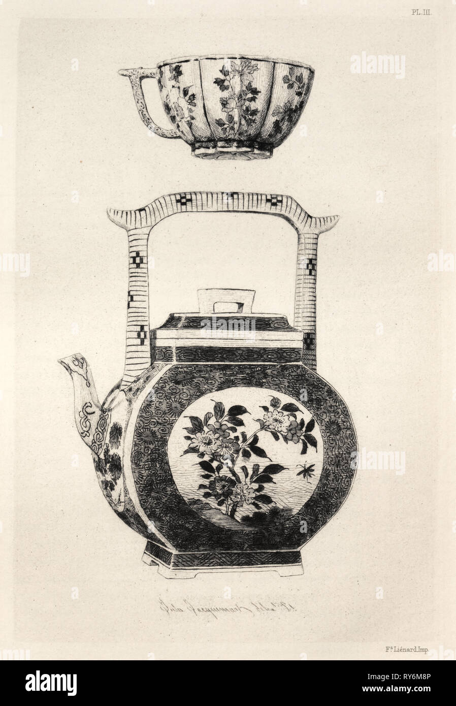 Buch von Albert Jacquemart: Geschichte der keramischen Kunst: Ein beschreibender und philosophische Untersuchung der Töpferei jeden Alters und aller Nationen: Japan: Künstlerische Dekoration - Untertasse mit Reich emailliert Boden und Medaillons, die die Göttin Kouanin (Platte IV), 1877. Jules Jacquemart (Französisch, 1837-1880). Ätzen; Blatt: 25,5 x 18 cm (10 1/16 x 7 1/16 in.); Plattenrand: 19,1 x 13 cm (7 1/2 x 5 1/8 in. Stockfoto