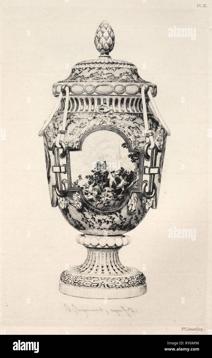 Buch von Albert Jacquemart: Geschichte der keramischen Kunst: Ein beschreibender und philosophische Untersuchung der Töpferei jeden Alters und aller Nationen: Frankreich: Sèvres-Soft Porzellan - Vase, gedenkmünzen der Schlacht von Fontenoy (Platte XI), 1877. Jules Jacquemart (Französisch, 1837-1880). Ätzen; Blatt: 25,5 x 18 cm (10 1/16 x 7 1/16 in.); plattenrand: 19 x 13 cm (7 1/2 x 5 1/8 in. Stockfoto